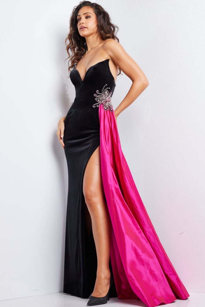 Model wearing Black Fuchsia Strapless Velvet Gown 26117