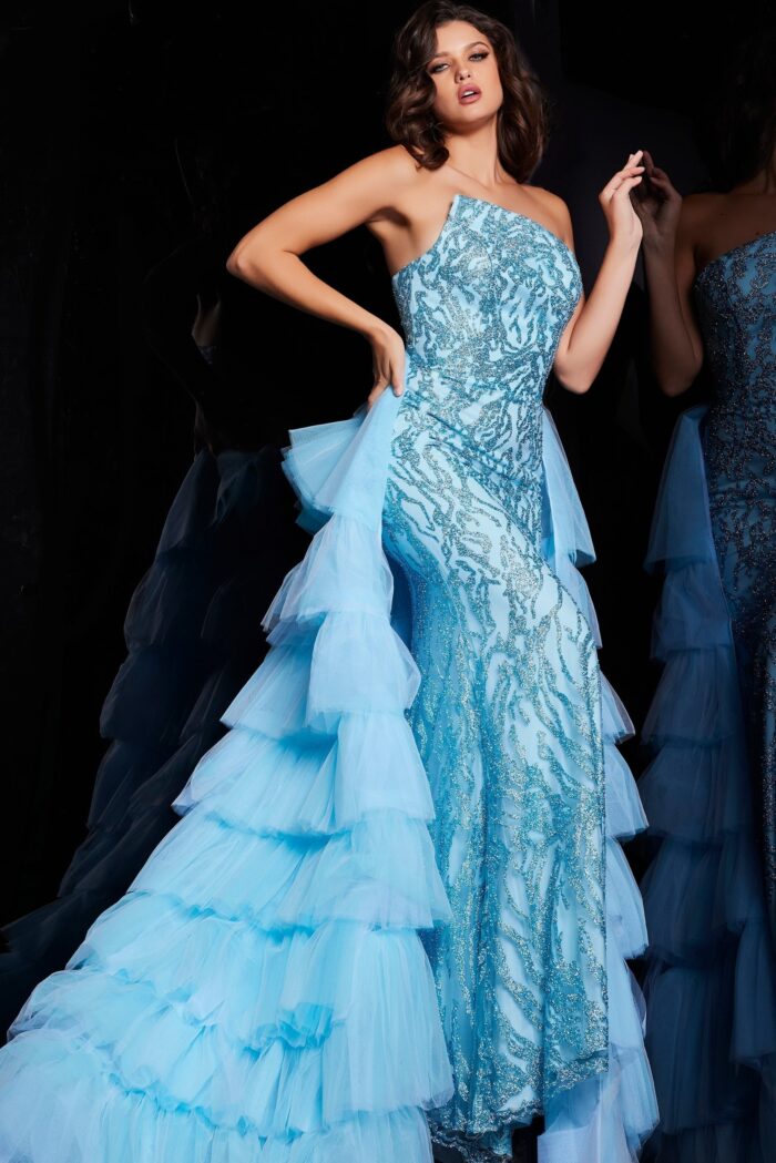 Model wearing Turquoise Embellished Strapless Dress 26119