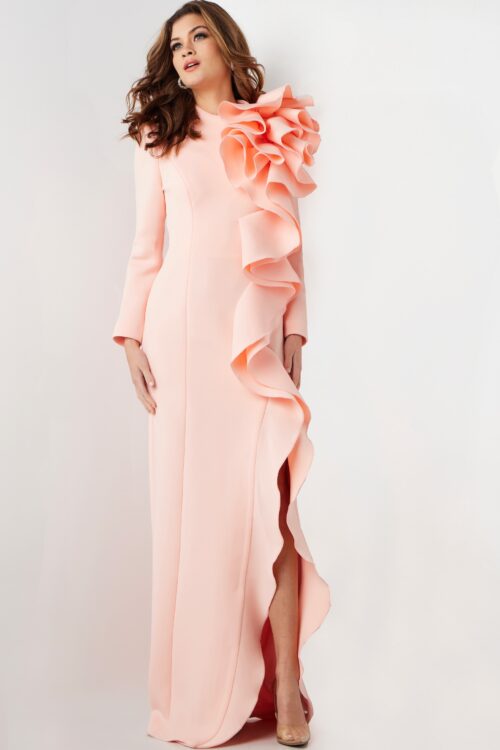 Model wearing Blush Long Sleeve Ruffle Evening Gown 26126