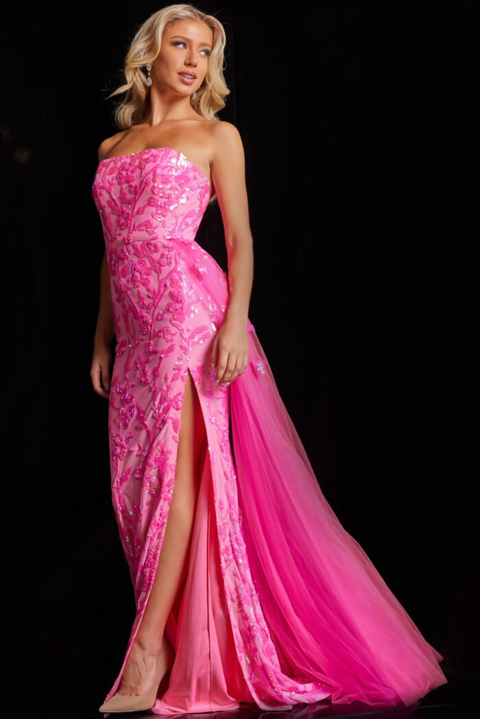 Model wearing Neon Pink Sequin Embellished Strapless Dress 26134