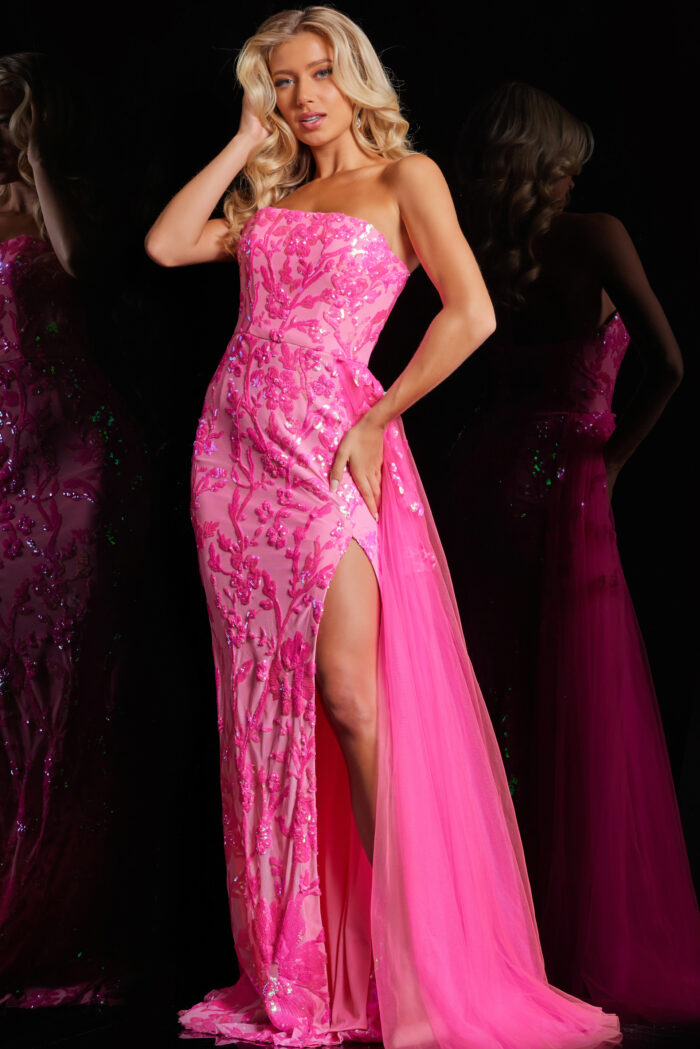Model wearing Neon Pink Sequin Embellished Strapless Dress 26134