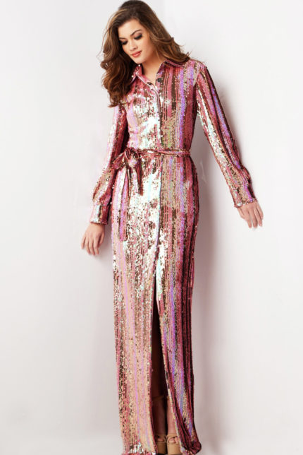 Model wearing Jovani 26136 multi-colored sequin dress with long sleeves and a collared neckline, front view.