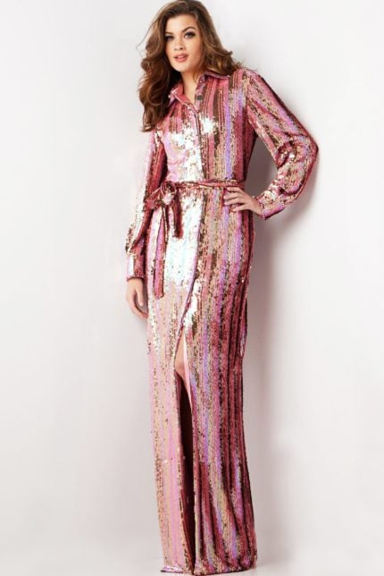 Model in Jovani 26136 multi-colored sequin dress with a high slit and belt, front view.