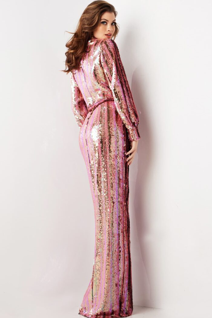 Model wearing Multi Sequin Long Sleeve Contemporary Dress 26136