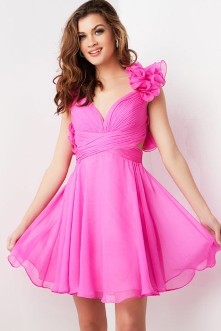 Model wearing Jovani 26139 vibrant pink dress with sweetheart neckline and ruffled shoulders, front view.