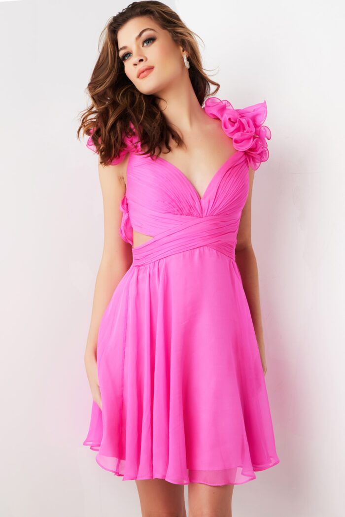 Model wearing Hot Pink Ruffle Shoulders Chiffon Short Dress 26139