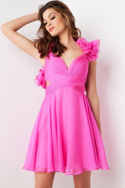 Model wearing Jovani 26139 pink dress featuring a sweetheart neckline and playful ruffles, front view.