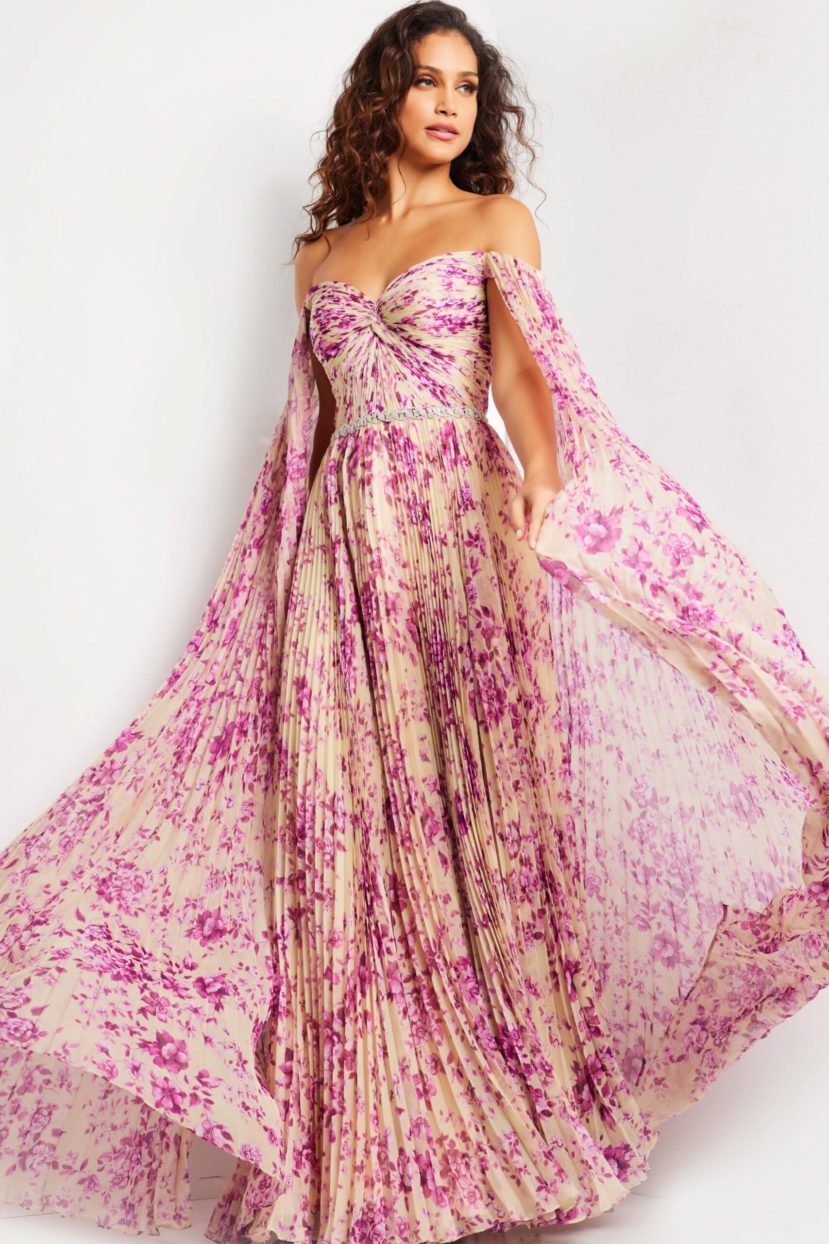 Print Off the shoulder Pleated Maxi Dress 26141