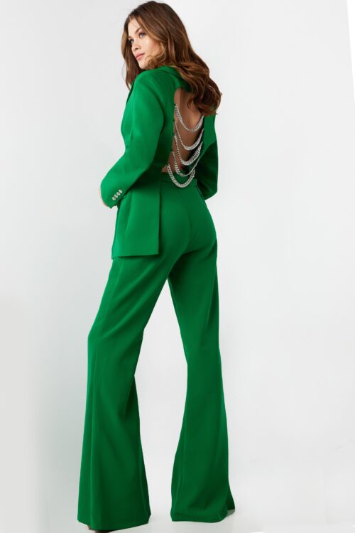 Model wearing Emerald Two Piece Backless Contemporary Pant Suit 26144