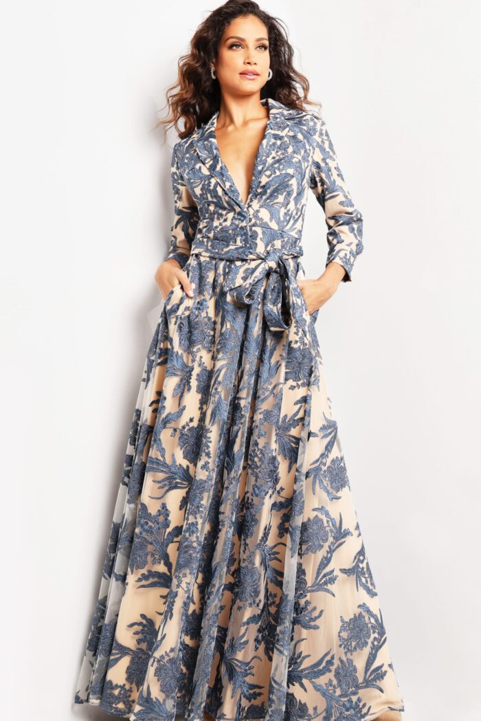 Model wearing Navy Nude Long Sleeve A Line Gown 26148