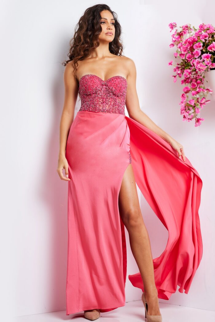 Model wearing Hot Pink Embellished Corset Bodice Dress 26165