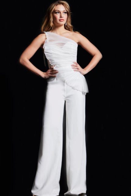 model wearing 26171 white jumpsuit showcasing ruched bodice and wide-leg trousers