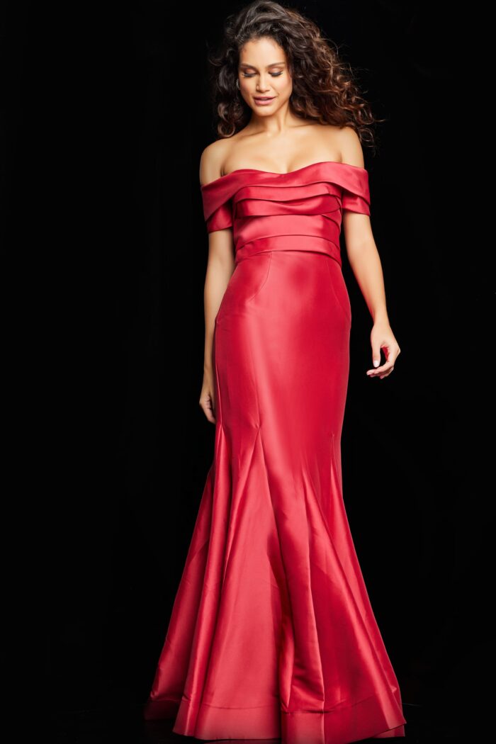 Model wearing Red Off the Shoulder Mermaid Dress 26187