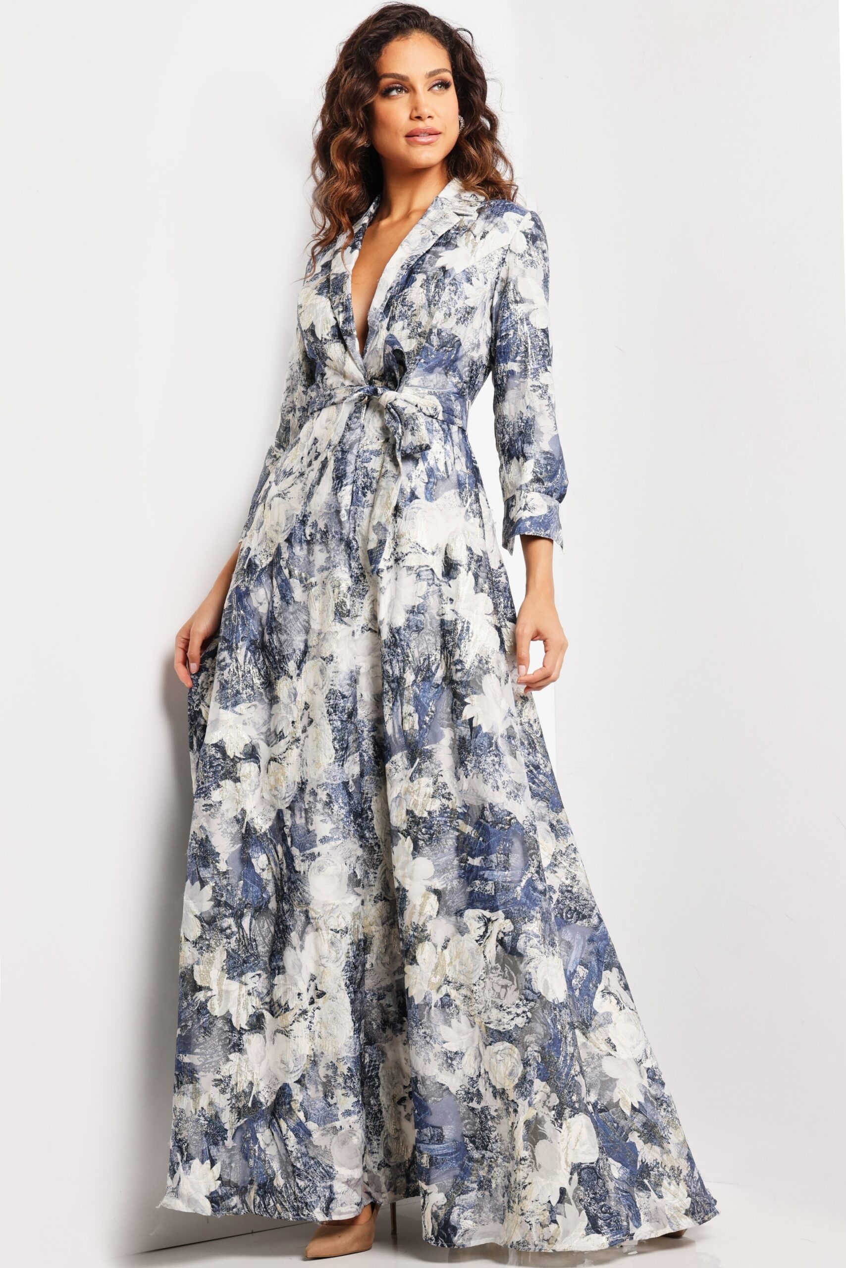 Print Long Sleeve V Neck Gown 26202