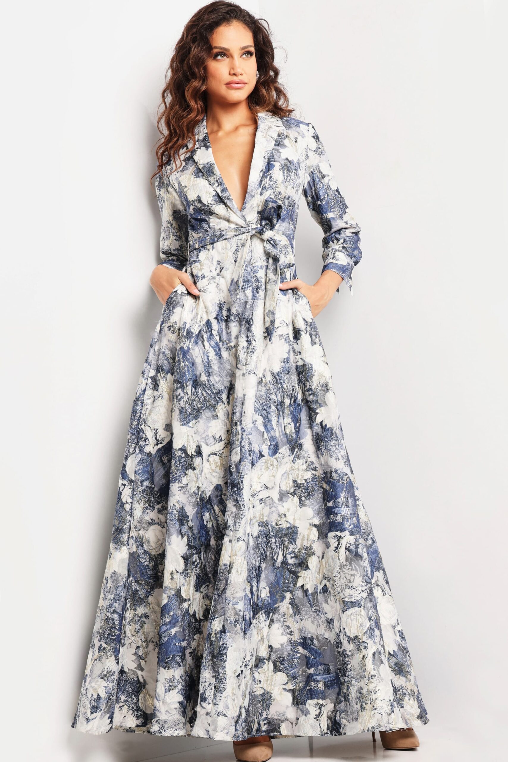 Print Long Sleeve V Neck Gown 26202