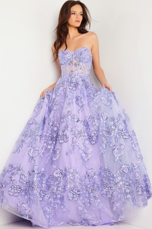 Model wearing Lilac Corset Bodice Embroidered Ballgown 26223