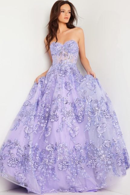 Model wearing Jovani 26223 lilac ball gown with sweetheart neckline.