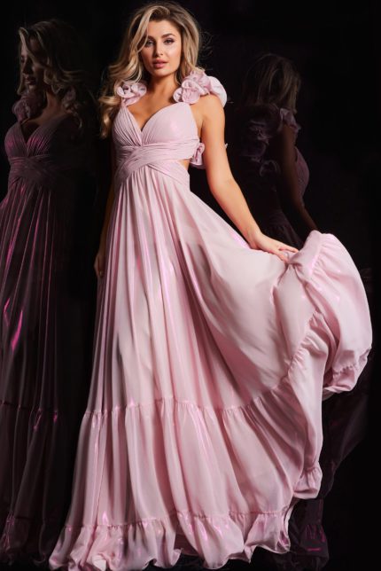 Model wearing Jovani 26248 pink dress with floral shoulder details, front view.