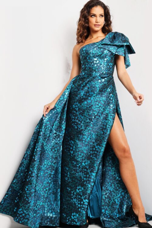 Model wearing Peacock One Shoulder High Slit Dress 26254