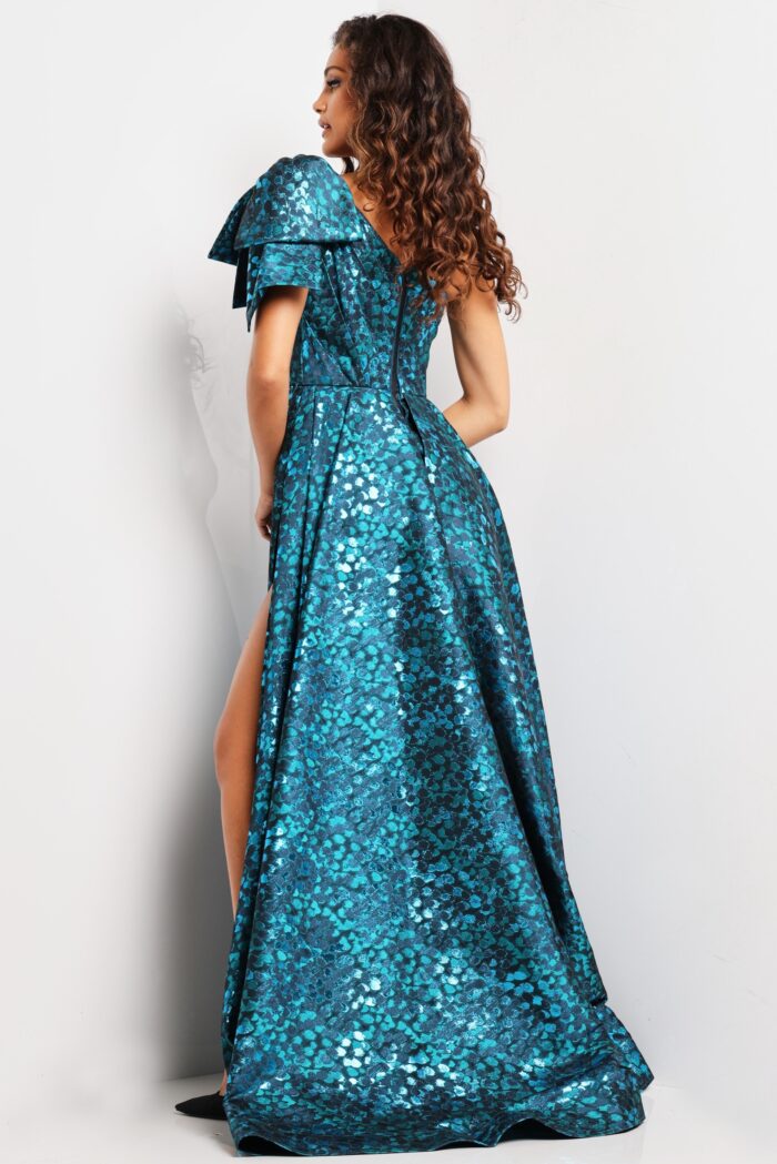 Model wearing Peacock One Shoulder High Slit Dress 26254