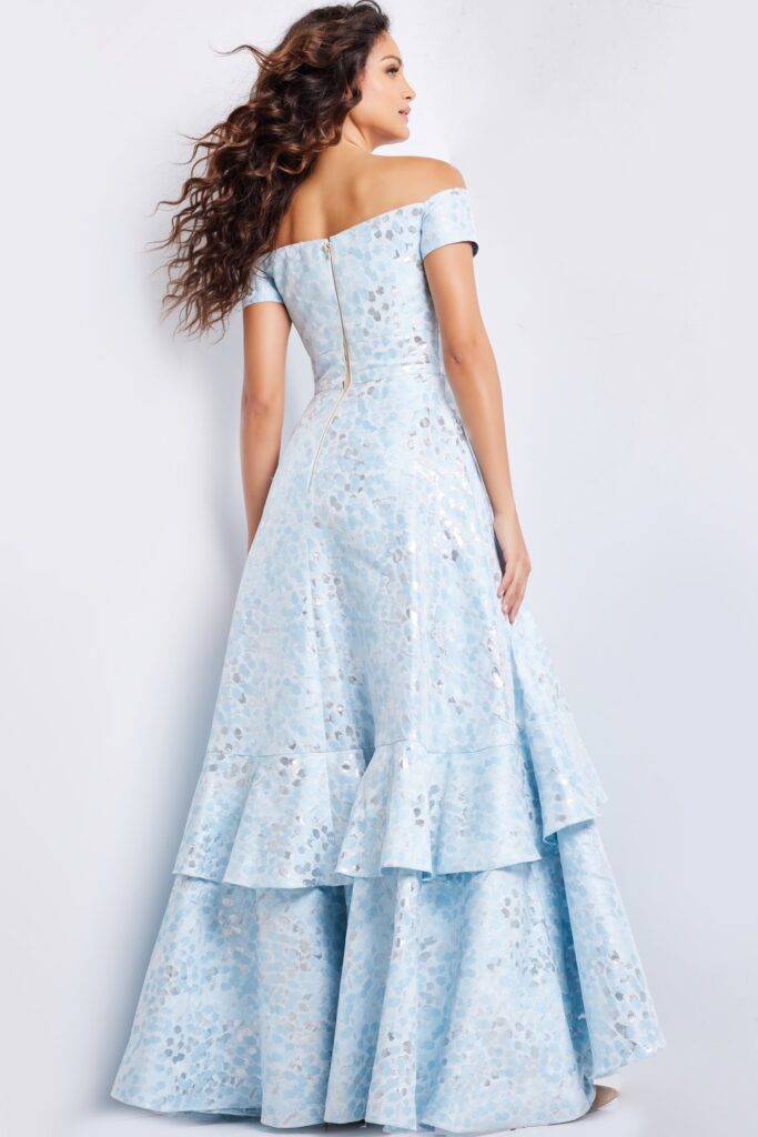 Light Blue Off the Shoulder Brocade Gown 26256