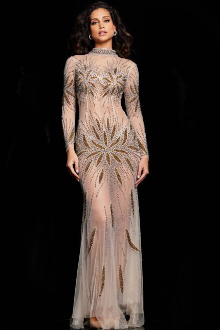 Model wearing Jovani 26257 nude gown with gold embellishments, front view.