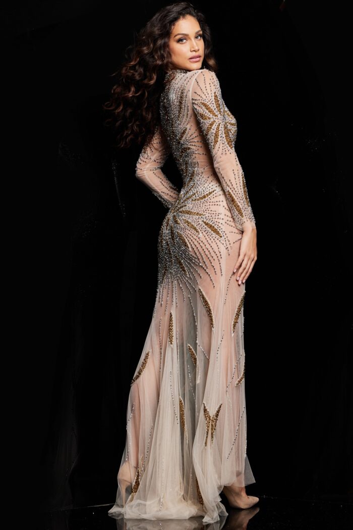 Model wearing Nude Gold Long Sleeve Illusion Gown 26257