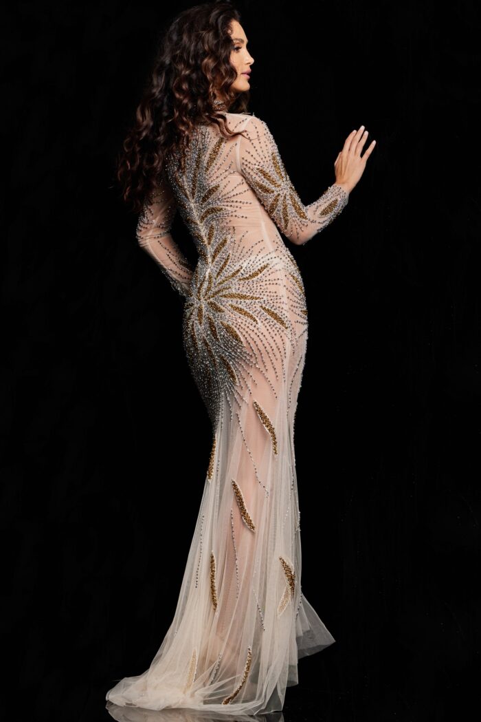 Model wearing Nude Gold Long Sleeve Illusion Gown 26257