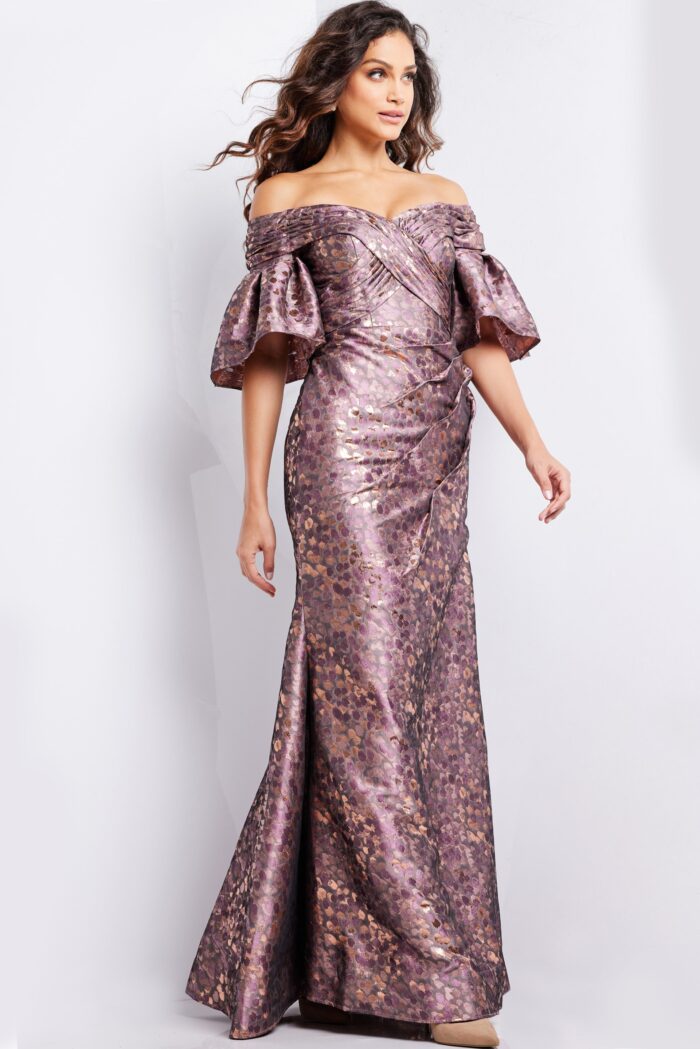 Model wearing Brown and Gold Floral Sheath Formal Dress 26258