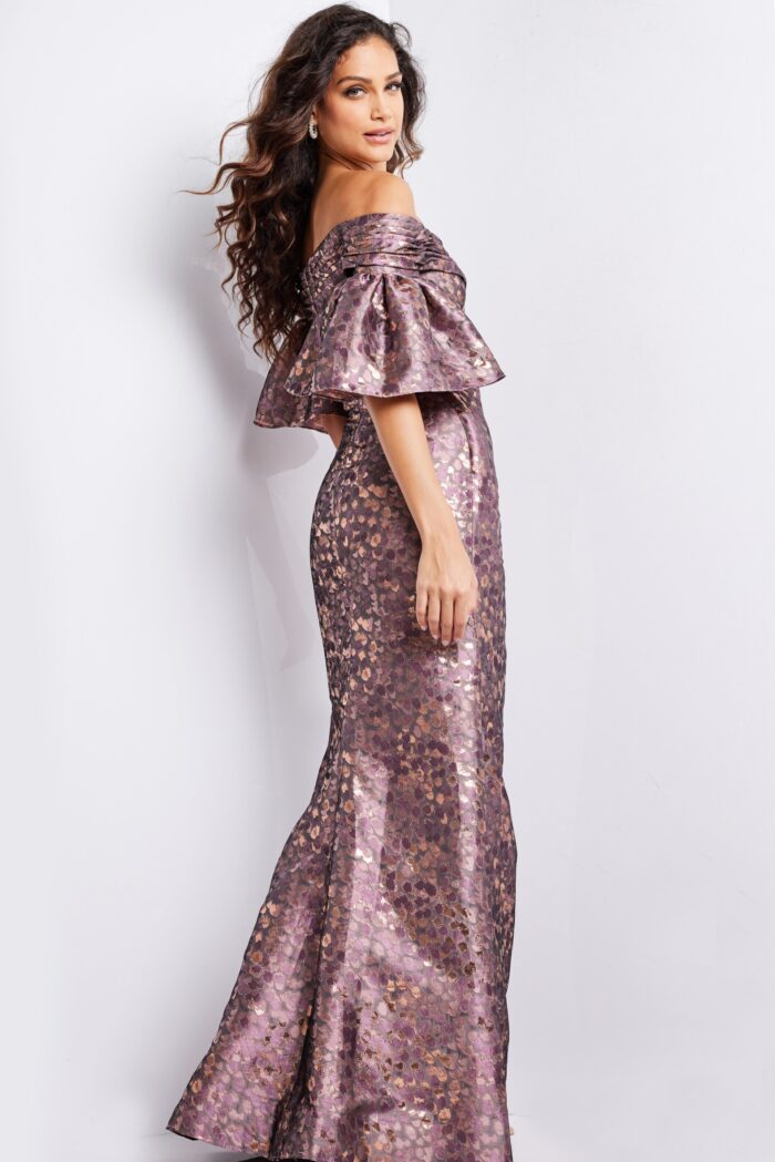 Model wearing Brown and Gold Floral Sheath Formal Dress 26258