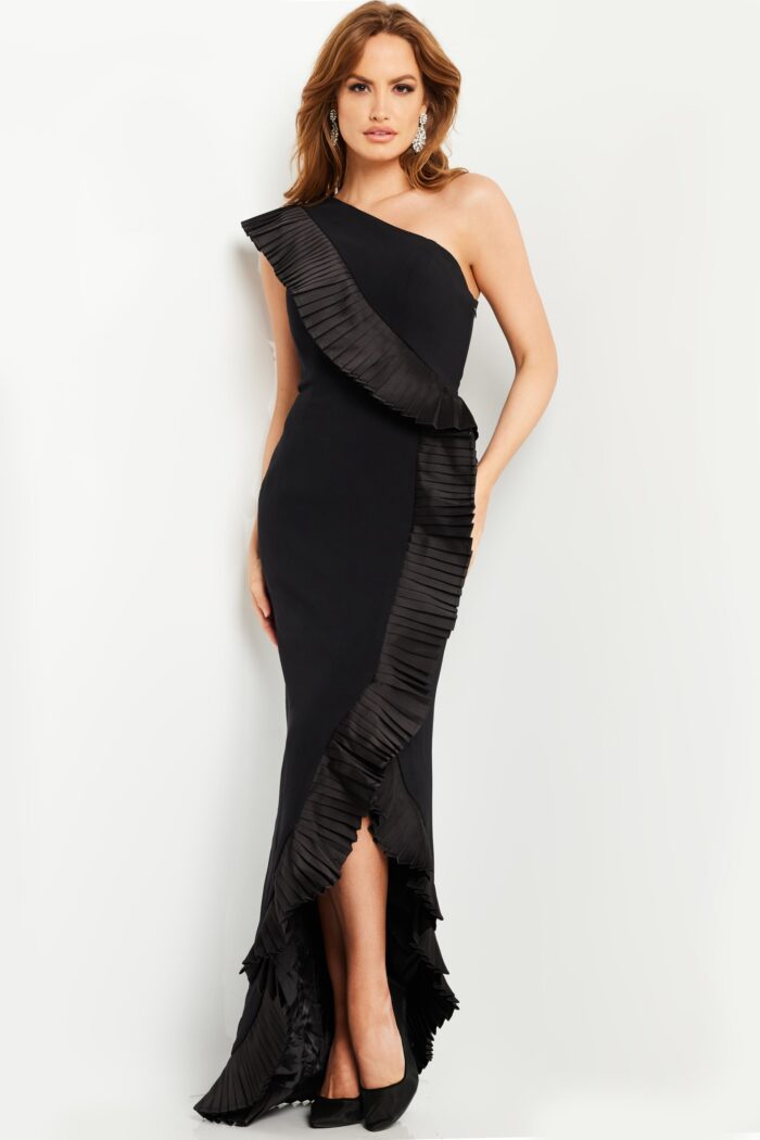 Model wearing Black One Shoulder Formal Gown 26160