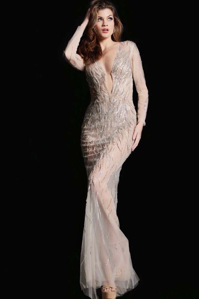 Model wearing Nude Silver Beaded Illusion Low V Neck Gown 26275