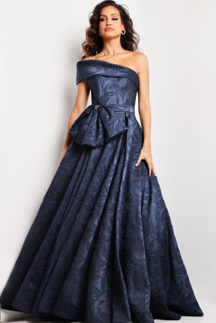 Model wearing Navy One Shoulder A Line Evening Gown 26281
