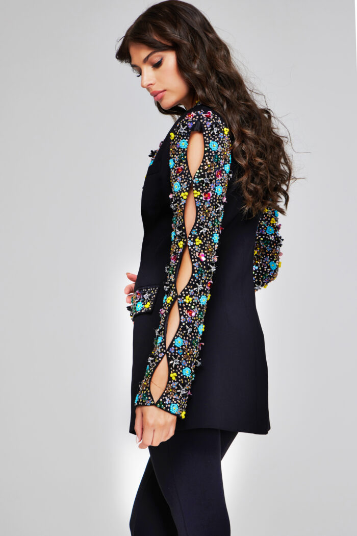 Model wearing Chic Black Embellished Blazer 26304