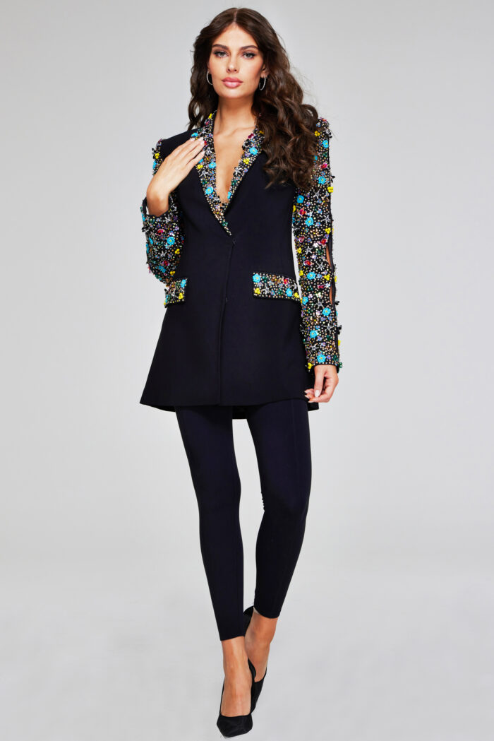 Model wearing Chic Black Embellished Blazer 26304