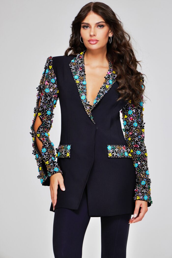 Model wearing Chic Black Embellished Blazer 26304