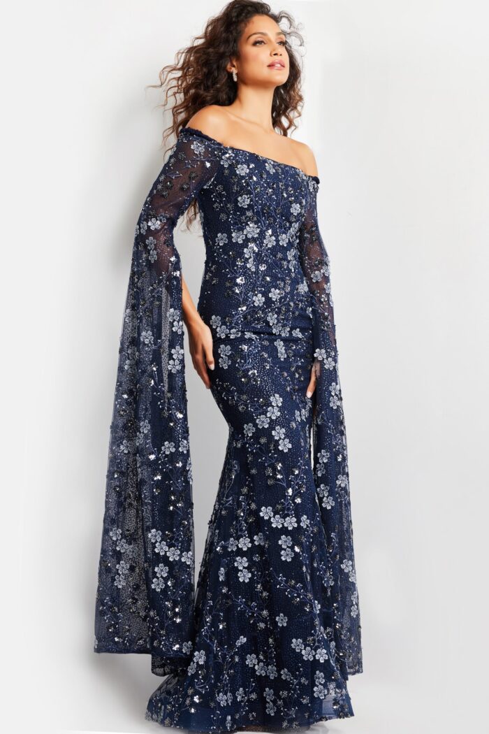 Model wearing Navy Off the Shoulder Floral Embroidered Evening Dress 26330