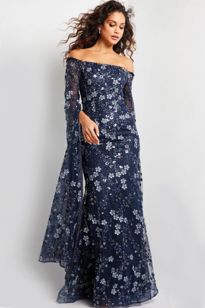 Model wearing Navy Off the Shoulder Floral Embroidered Evening Dress 26330