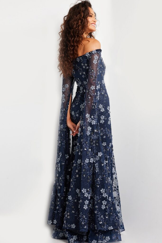 Navy Off the Shoulder Floral Embroidered Evening Dress 26330