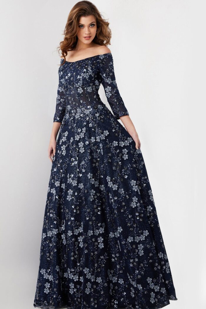 Model wearing Navy Floral Embroidered Off the Shoulder Gown 26331