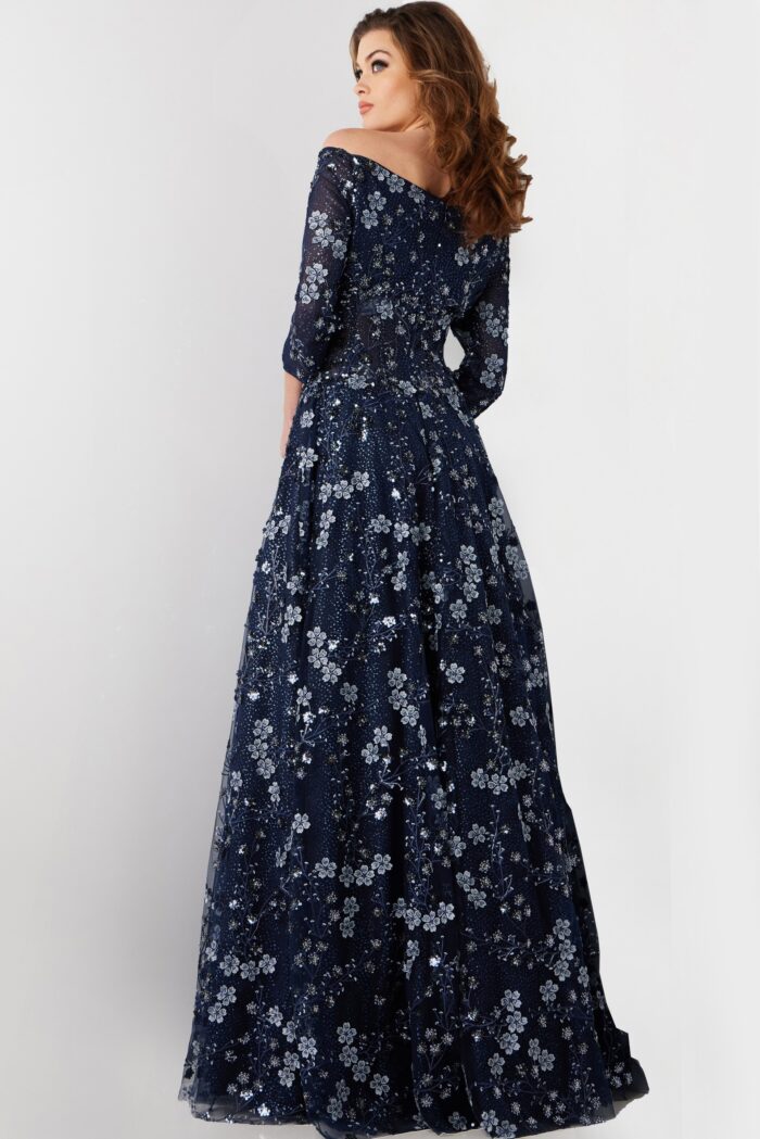 Model wearing Navy Floral Embroidered Off the Shoulder Gown 26331