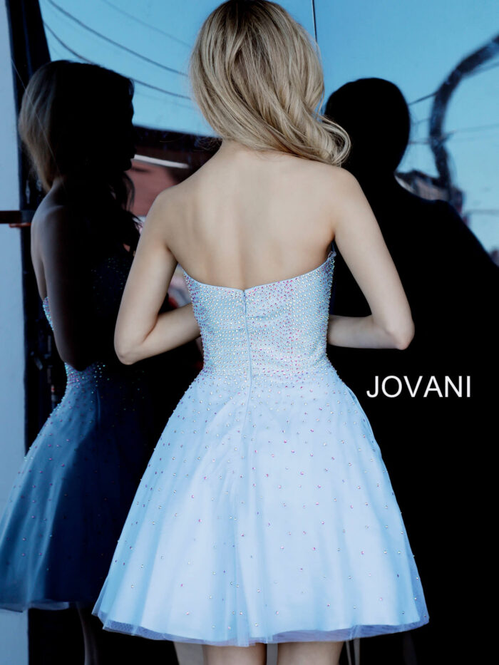 Model wearing Jovani K2830 Light Blue Strapless Fit and Flare Dress
