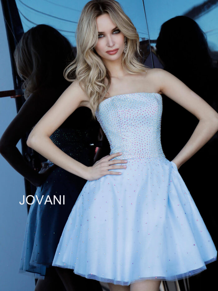 Model wearing Jovani K2830 Light Blue Strapless Fit and Flare Dress