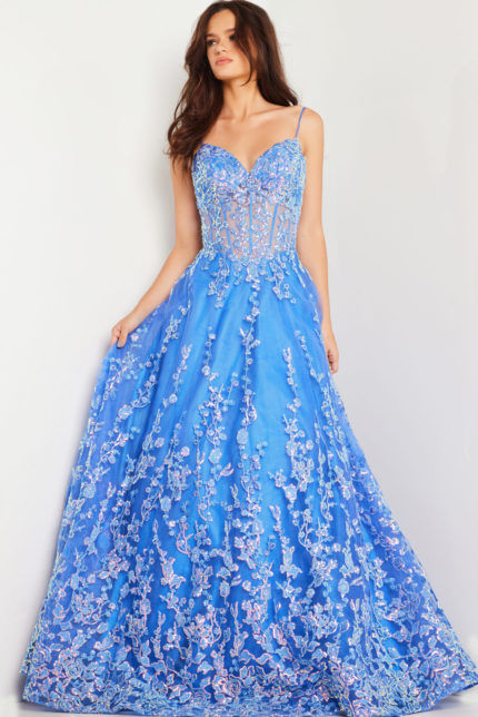 Model wearing Jovani 29072 blue gown with sweetheart neckline, front view