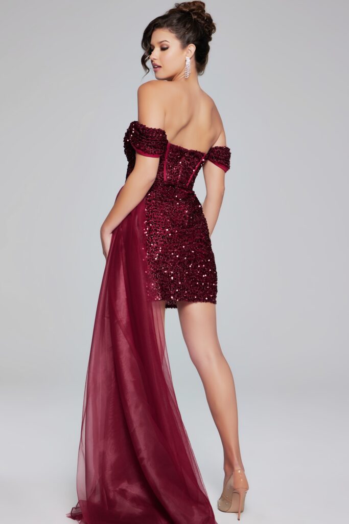 Burgundy off the Shoulder Beaded Dress 29632