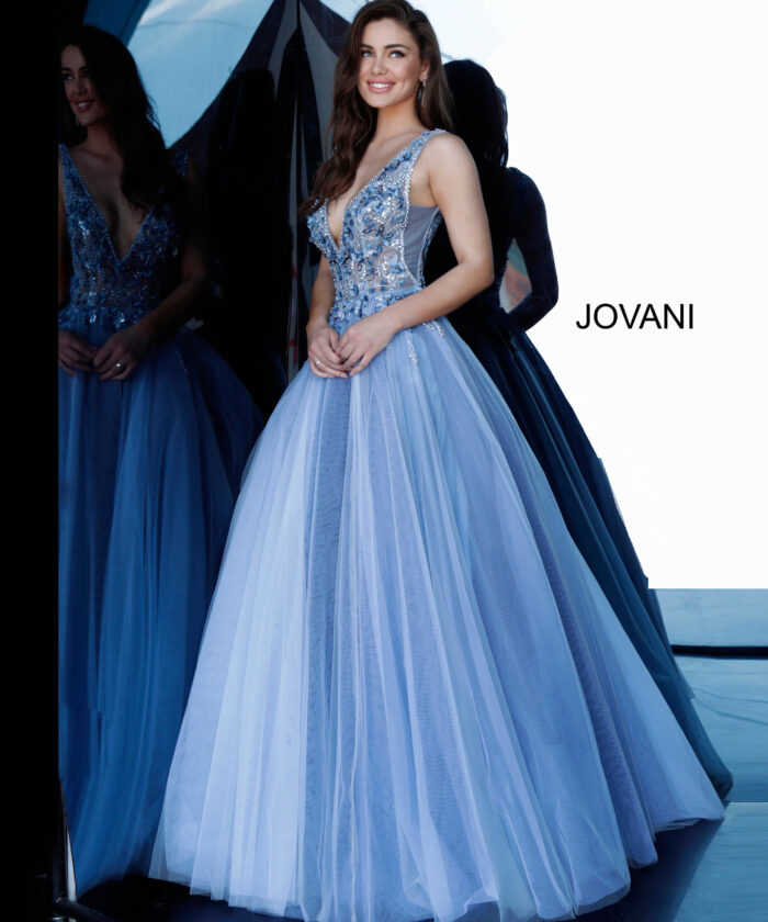 Model wearing Jovani 3110 Blue Floral Embellished Ballgown