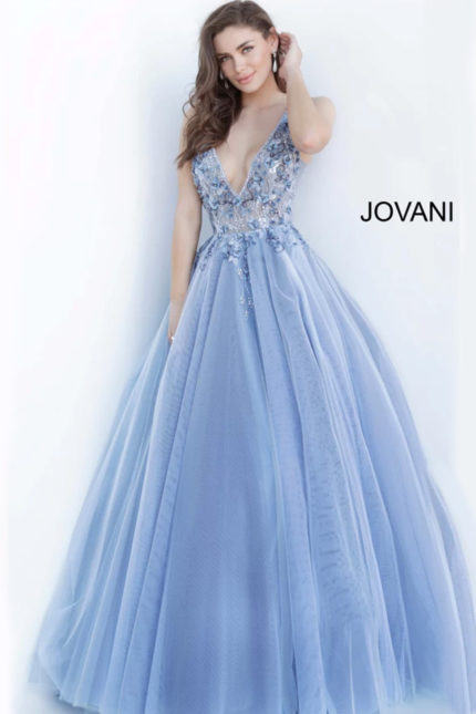 Model wearing Jovani 3110 blue ballgown with embroidered details, front view.