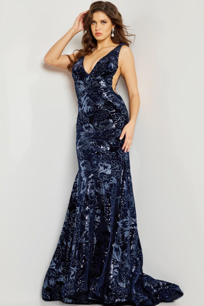 Model wearing Navy Embellished V Neckline Dress