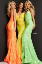 Three models wearing Jovani 3263 gown in orange, yellow, and green