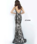 model wearing Jovani 3263 dress in black gunmetal back view